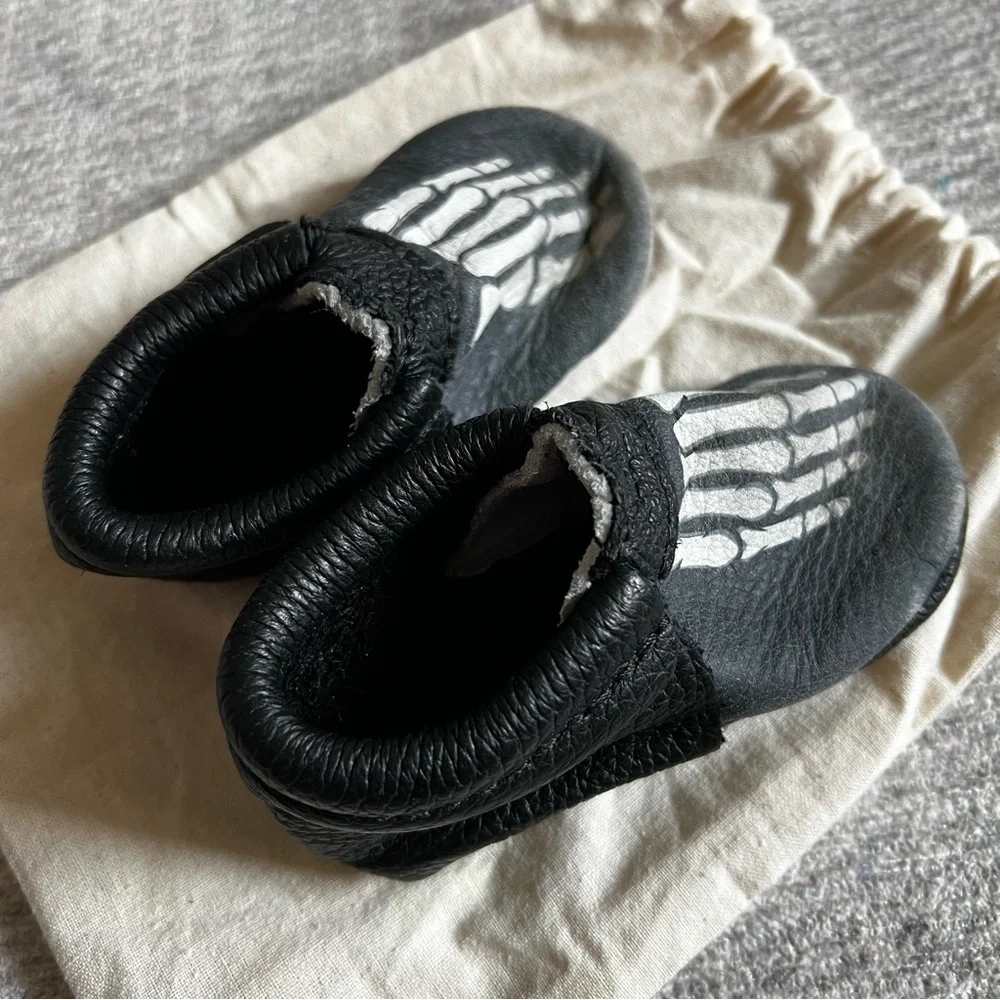 Freshly Picked Black Skeleton Kids Moccasins Shoes Size 3